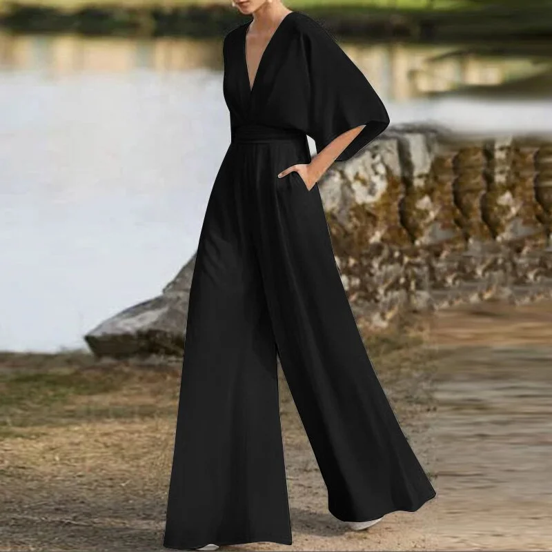 Women V Neck Wide Leg Jumpsuits ZANZEA Elegant Solid Rompers Summer 3/4 Sleeve Party Overalls Loose OL Work Playsuits Oversize