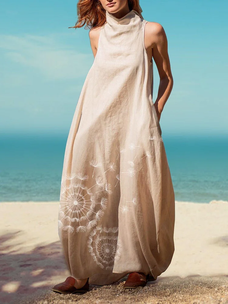 UR Stand Collar With Back Crinkle Linen Maxi Dress
