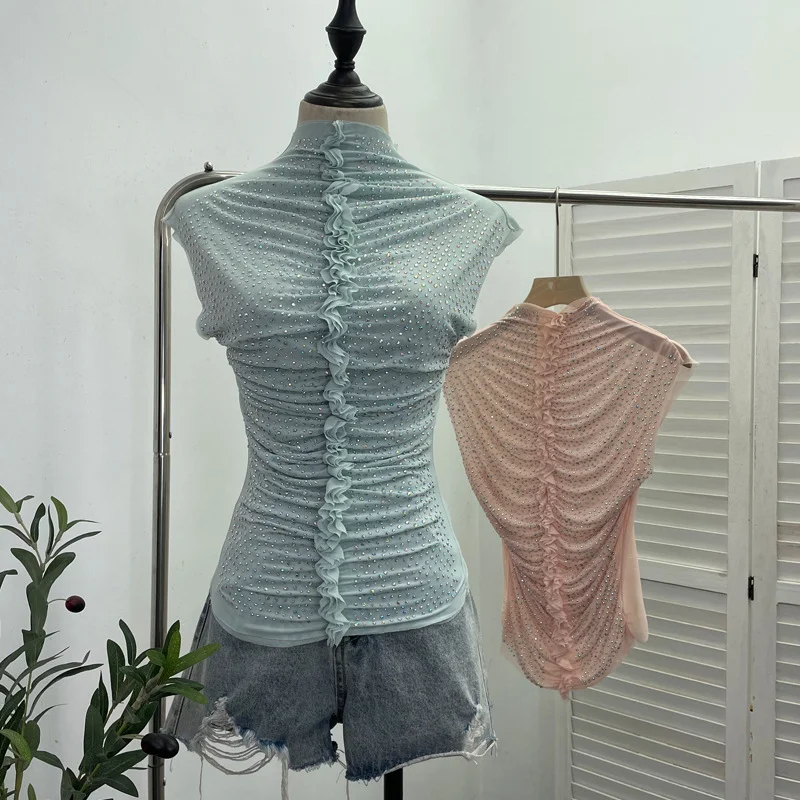 Uveng Drilling Sleeveless Vest Wearing Half-High Neck Net Yarn Slime Folded T-Shirt Blouse Female 2589