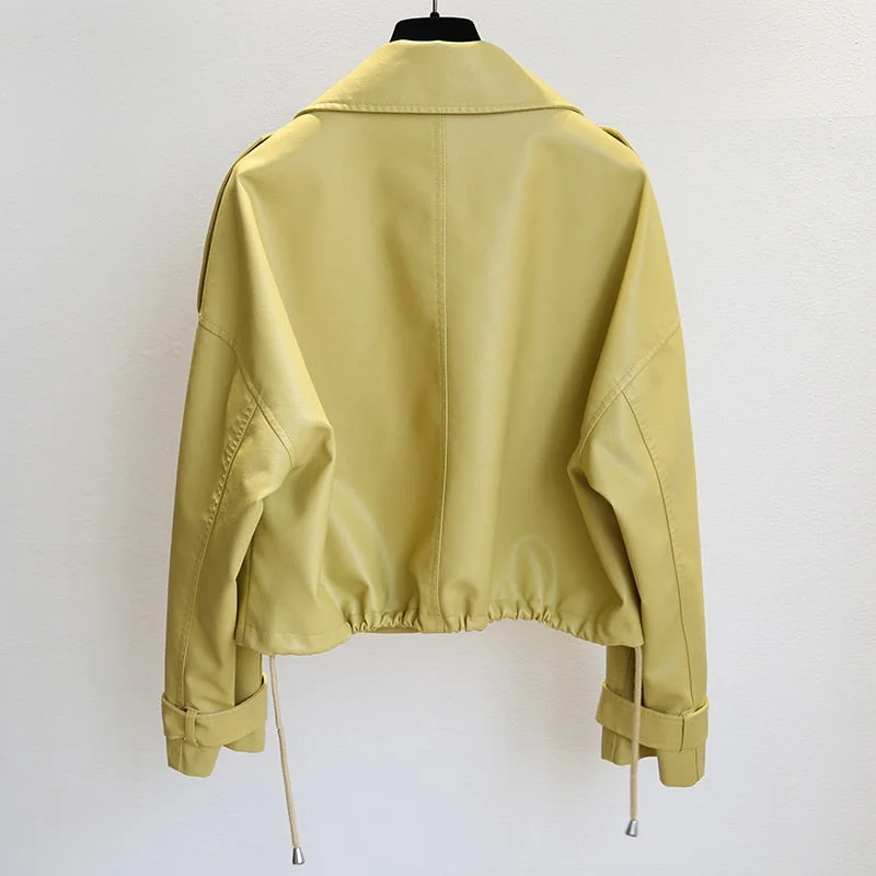 FTLZZ New Spring Autumn Women Slim Leather Jacket Zipper Pockets Motorcycle PU Leather Coat  Solid Parka Overcoat