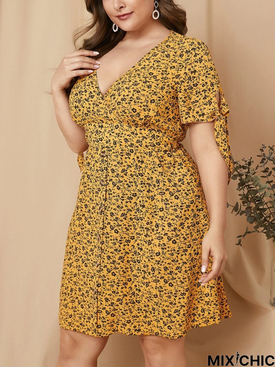 Sweet Floral Retro Polyester Cotton V Neck Weaving Dress