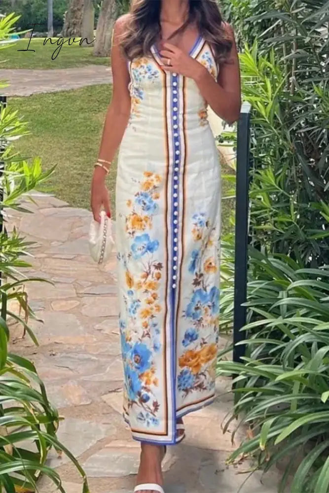 Casual Floral Frenulum Backless V Neck Sling Dresses Multicolor / S Dresses/Casual