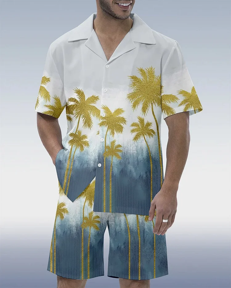 Men's Casual Vacation Hawaiian Coconut Tree Print Cuban Collar Short Sleeve Shirt Set at Hiphopee
