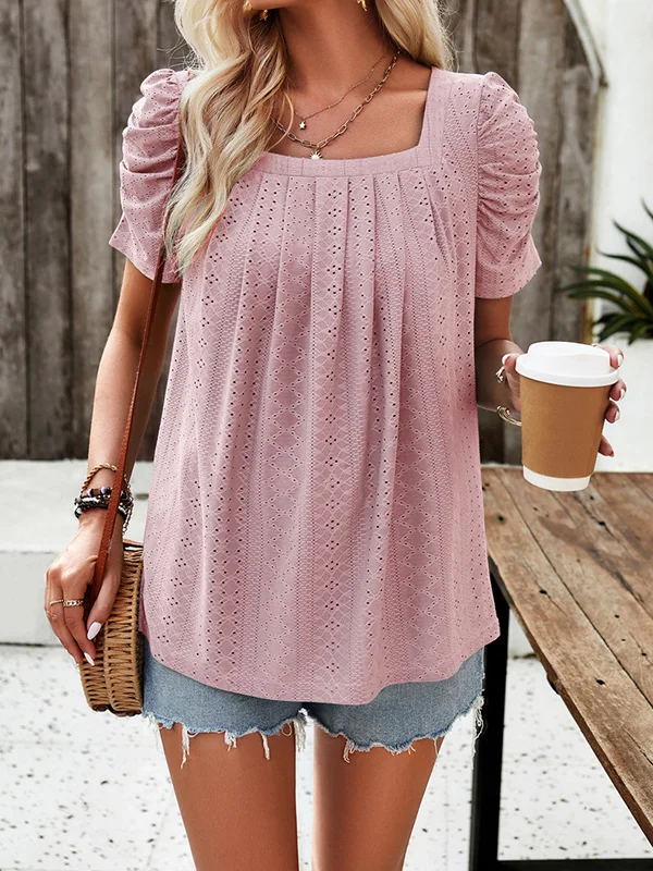 Solid Color Pleated Hollow Short Sleeves Loose Square-Neck T-Shirts Tops
