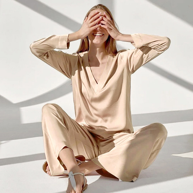 Silk Pajamas Women 22 Momme Mulberry Silk Long Sleeve V Neck 2 Piece Sleepwear REAL SILK LIFE