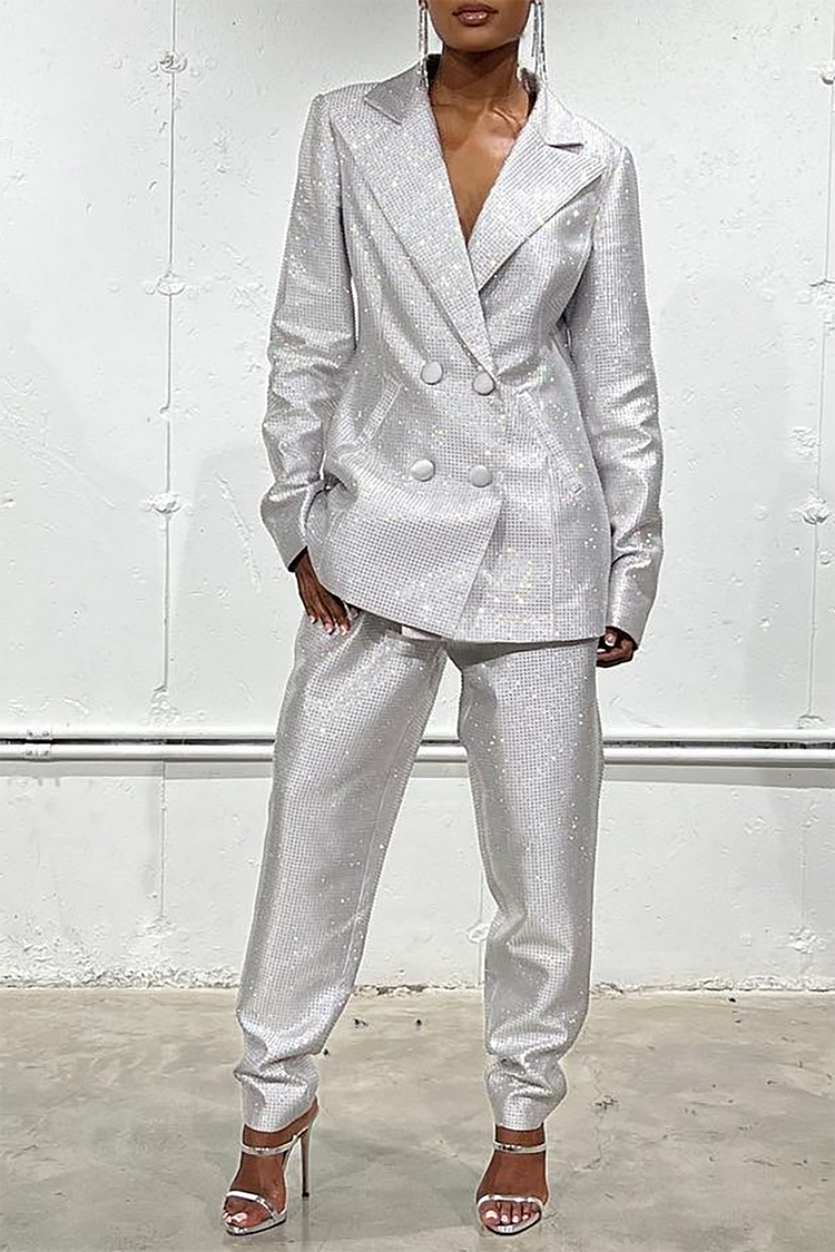 Plus Size Party Pant Set Silver Glitter Sheen Long Sleeves Lapels Sequin Two Piece Pant Set [Pre-Order]