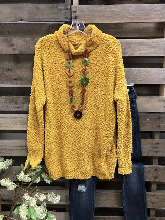 Yellow Long Sleeve Cotton-Blend Turtleneck Shirts & Tops-Mayoulove