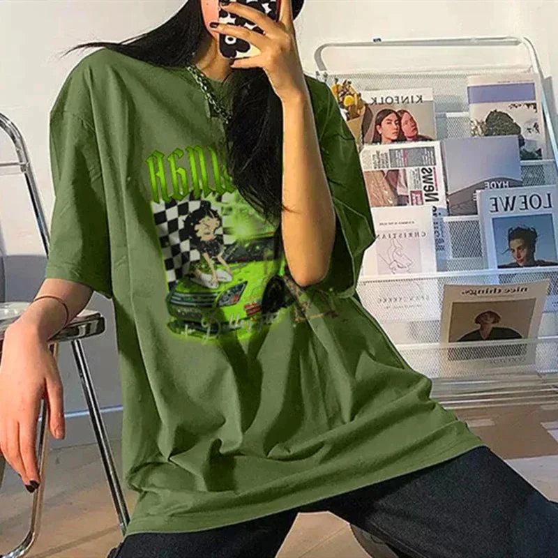 Tlbang Retro Green Racing Car Sweet Girl Cartoon Graphic T Shirts Streetwear Vintage Goth Clothes Summer Large 2XL Couples