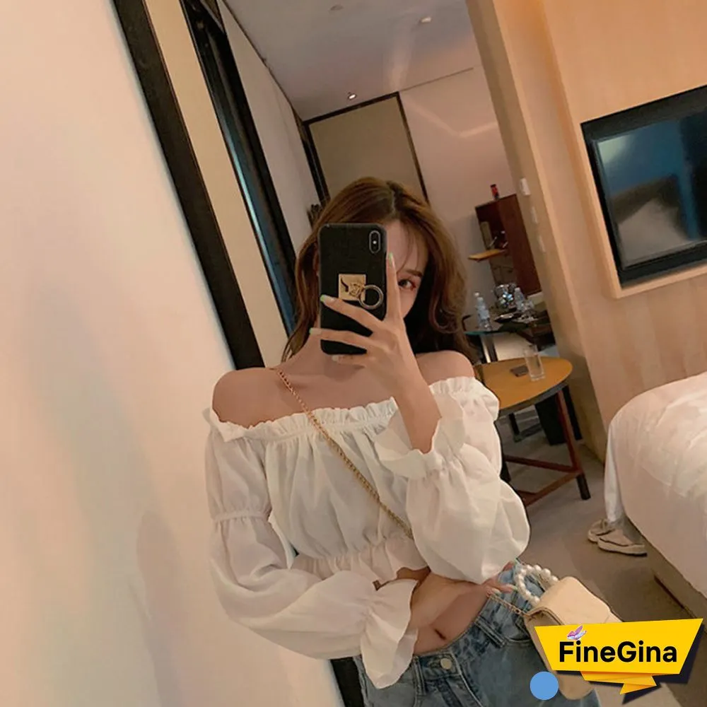 Women Top Sexy Blouse Off Shoulder Top Long Sleeve Solid Color White Shirt Puff Sleeve Ruffle Tunic Crop Top Summer Tube Top