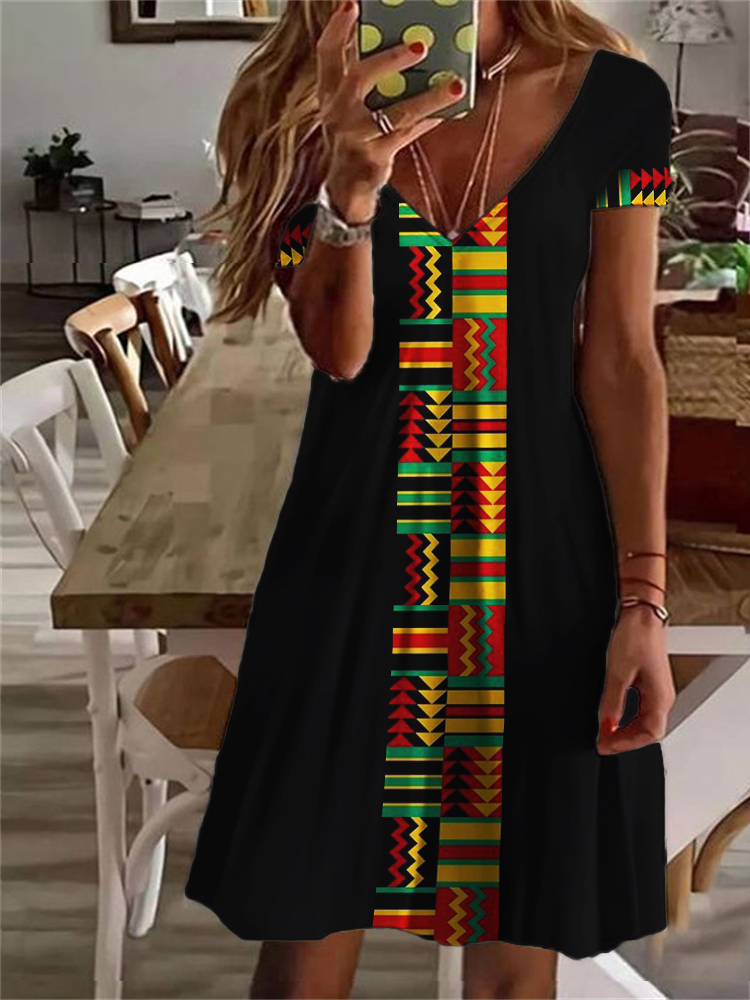 Black Pride Ethnic Kente Inspired V Neck Midi Dress wearshes
