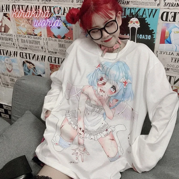 Pastel Goth Anime Girl Printed  Long Sleeve T-shirt - Gotamochi Kawaii Shop, Kawaii Clothes