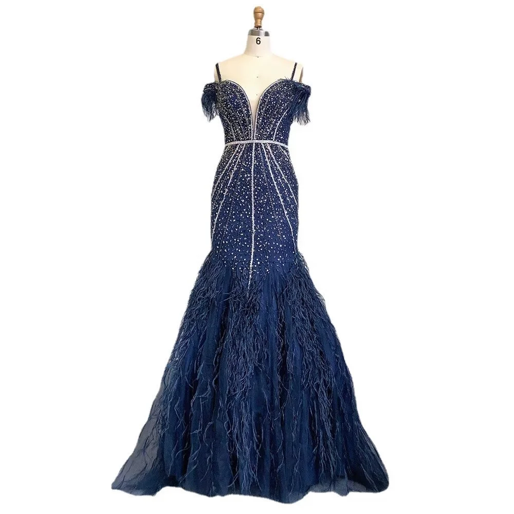 Okdais Luxurious Royal Blue Sequin Prom Dress Long A Line V Neck Sleeveless LM0028