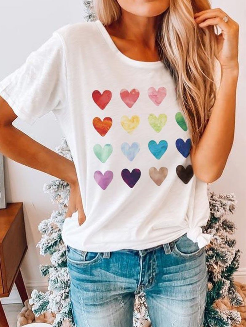 Women's Casual Colorful Heart Print Short-sleeved Tops