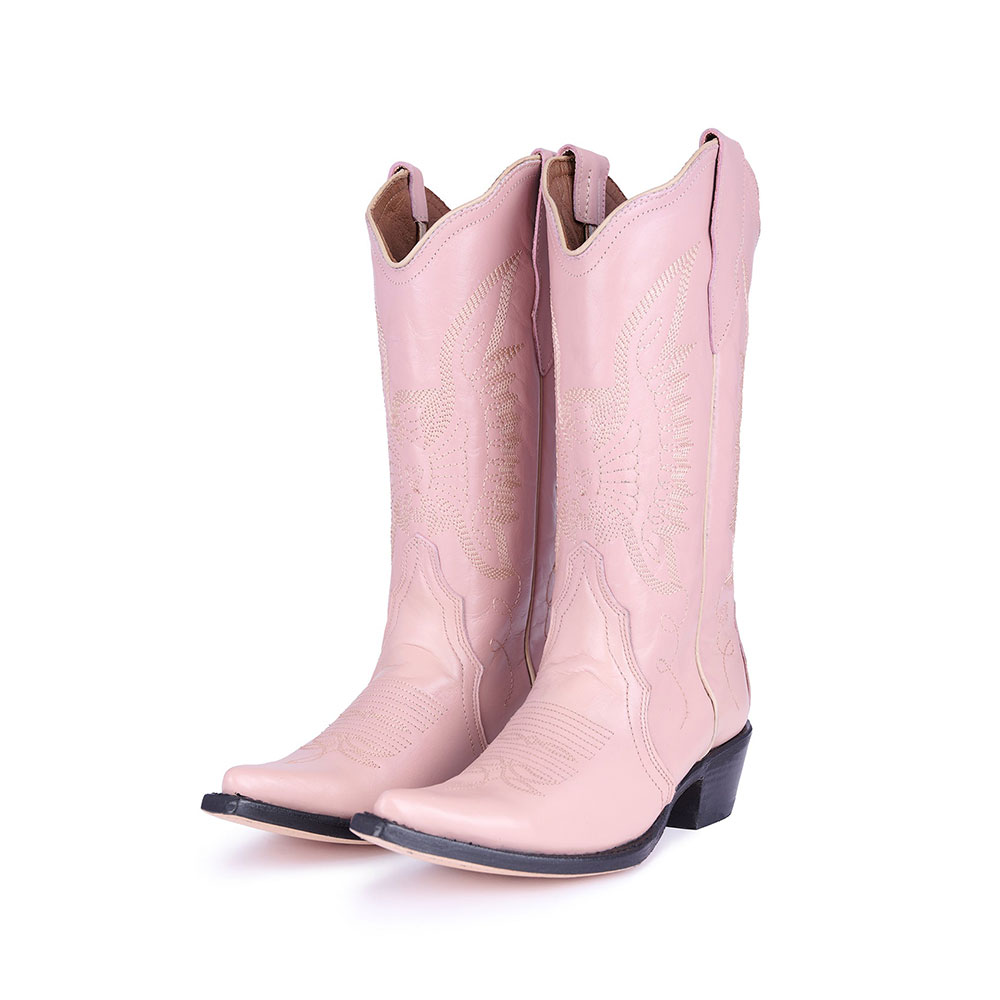 Cute Light Pink Embroidered Mid-Calf Snip Toe Western Boots for Women Nicepairs