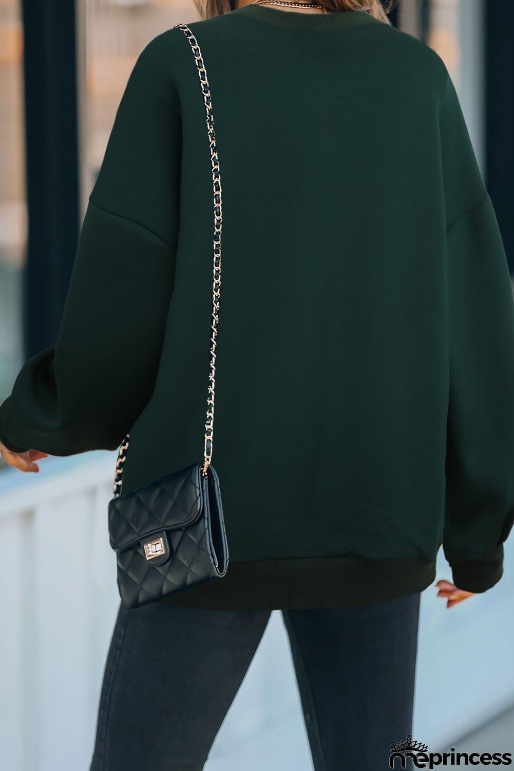 Plain Drop-shoulder Pullover Sweatshirt /Black/Green