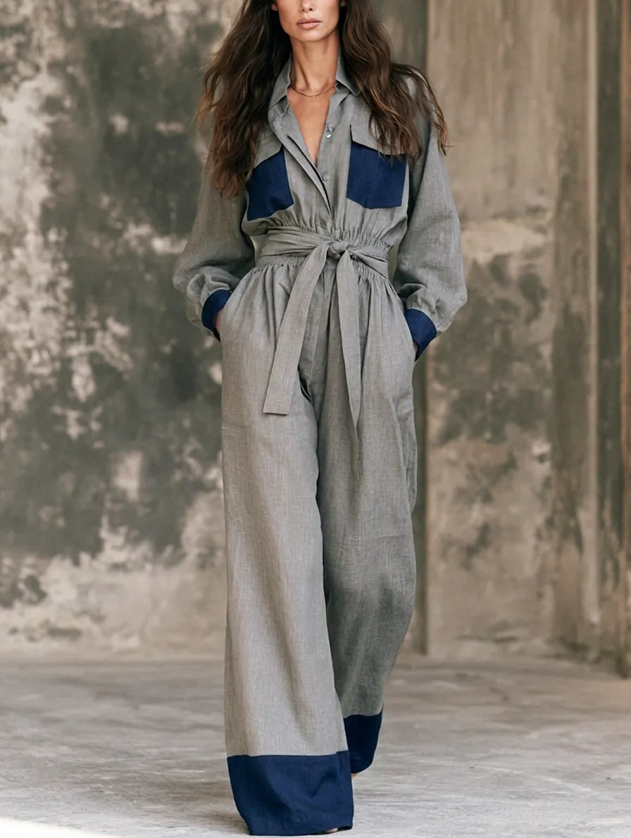 Women's Casual Grey Cotton-linen Long-sleeve Jumpsuit MD