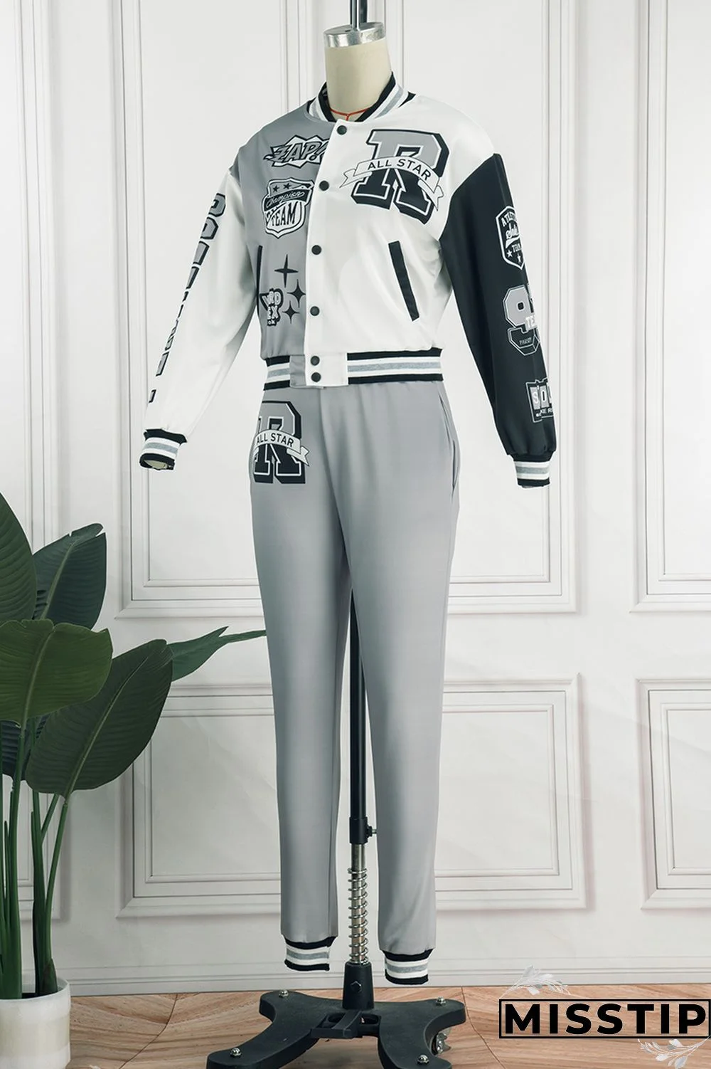 Green Casual Letter Print Patchwork Cardigan O Neck Long Sleeve Two Pieces