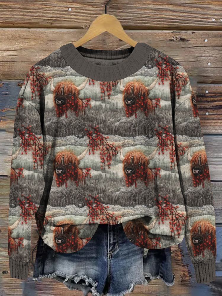 Embroidered Highland Cow Winter Scenery Cozy Knit Sweater wearshes
