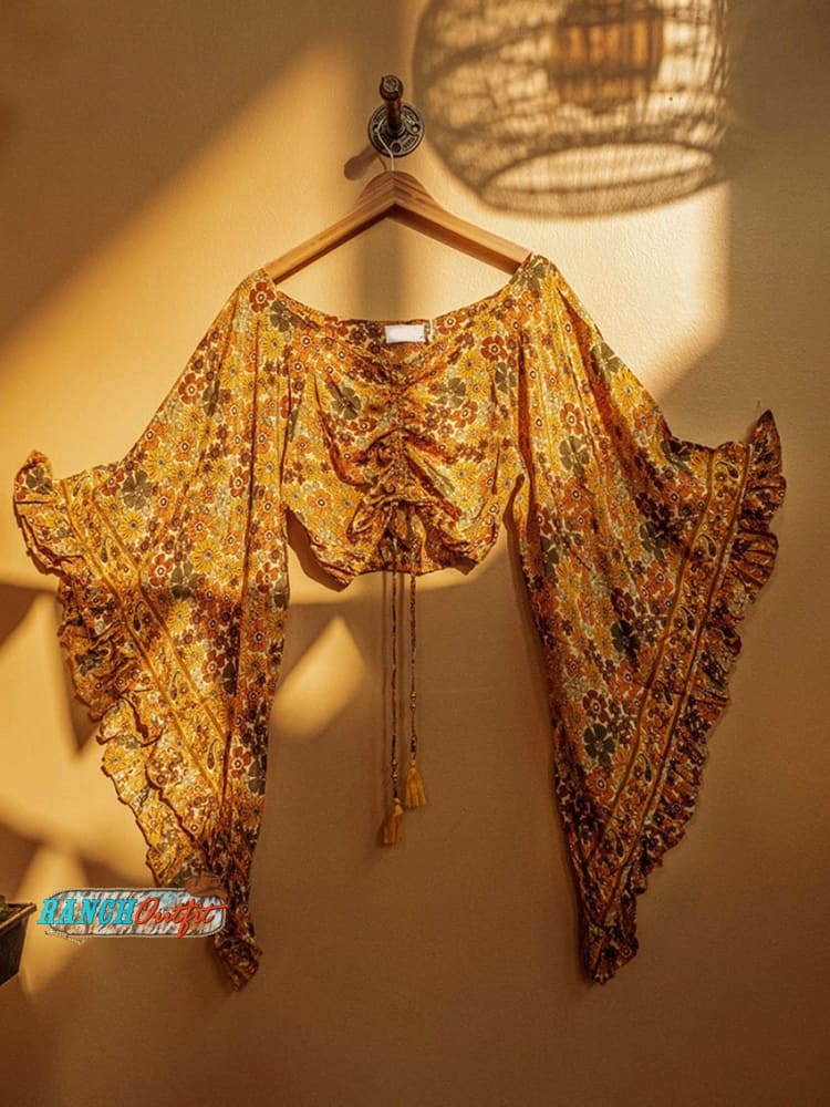 Women’s Hippie Bohemian Flare Bell Sleeve Top Fairy Boho Goddess Crop Top Multicolor / Regular