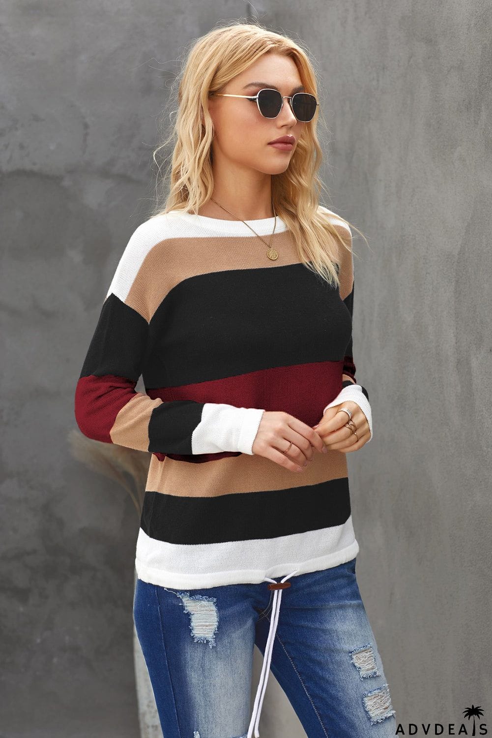 Round Neck Color Block Dropped Shoulder Knit Top