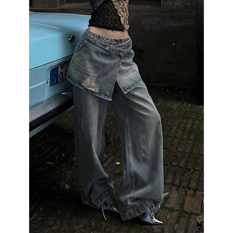 Aiertu 2024 Summer Women's Casual Blue Harajuku Jeans Vintage Loose Fit Washed Pants Y2K Wide Leg Punk Baggy Pockets Denim Trouser Aiertu