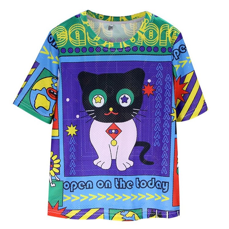 Kitty Letter Print Colorblock Round Collar Mesh T-Shirt - Modakawa modakawa