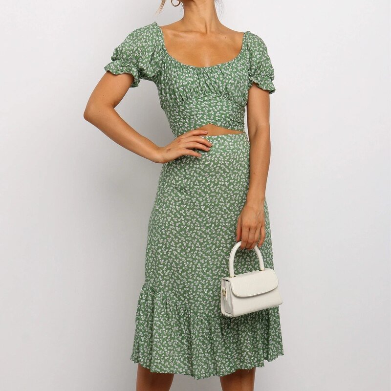 Vestidos Vintage Ruffles Print Puff Sleeve summer 2020 Beach sweet dresses Casual Square collar floral maxi long dress two piece