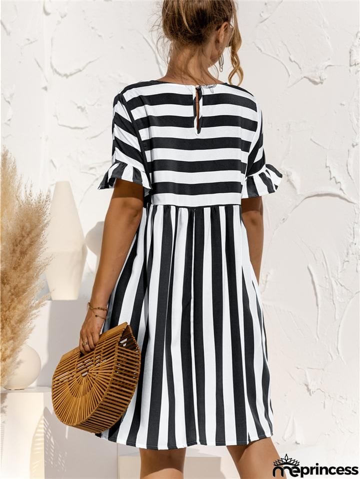 Relaxed Fit Round Neck Striped Ruffled Short Sleeve Flare Midi Dress