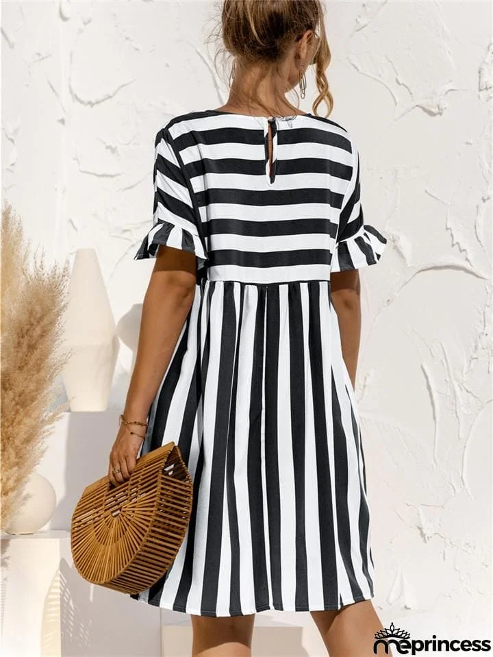 Relaxed Fit Round Neck Striped Ruffled Short Sleeve Flare Midi Dress