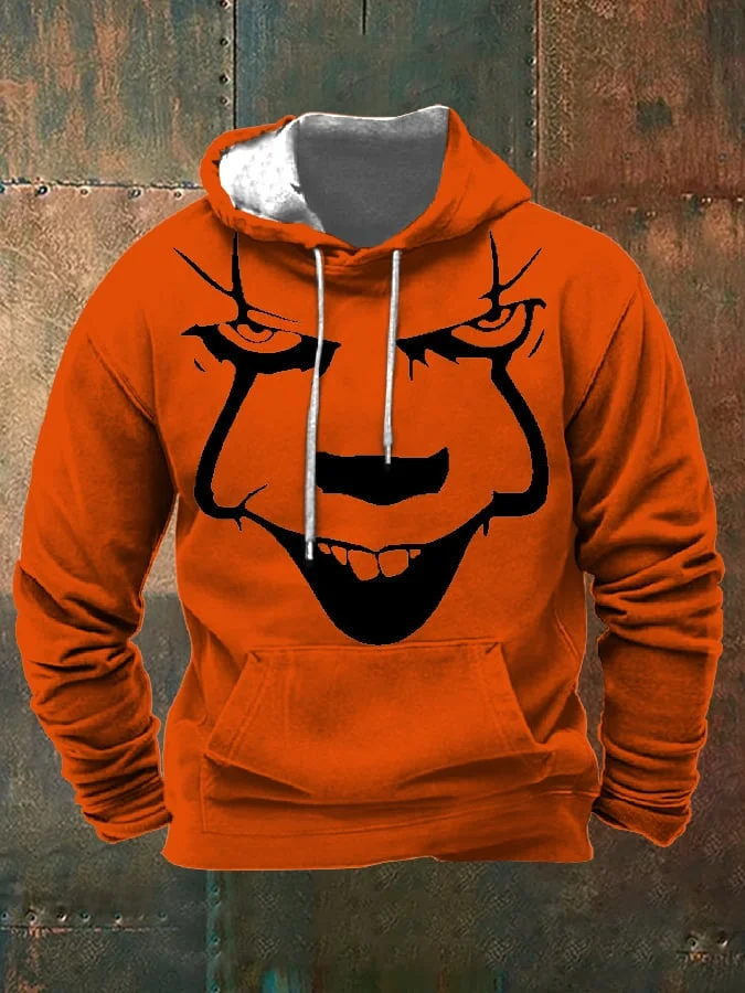 Men's Halloween Scary Smiley Print Hooded Drawstring Pocket Sweatshirt