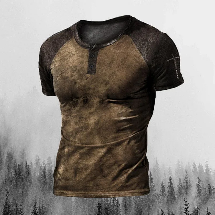 【Buy 1 Get 1 Free】Mens Retro Casual Henley Collar Short Sleeve T-shirt