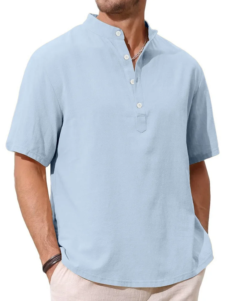 Men's Solid Color Comfortable Pullover Short-sleeved Henley Shirt