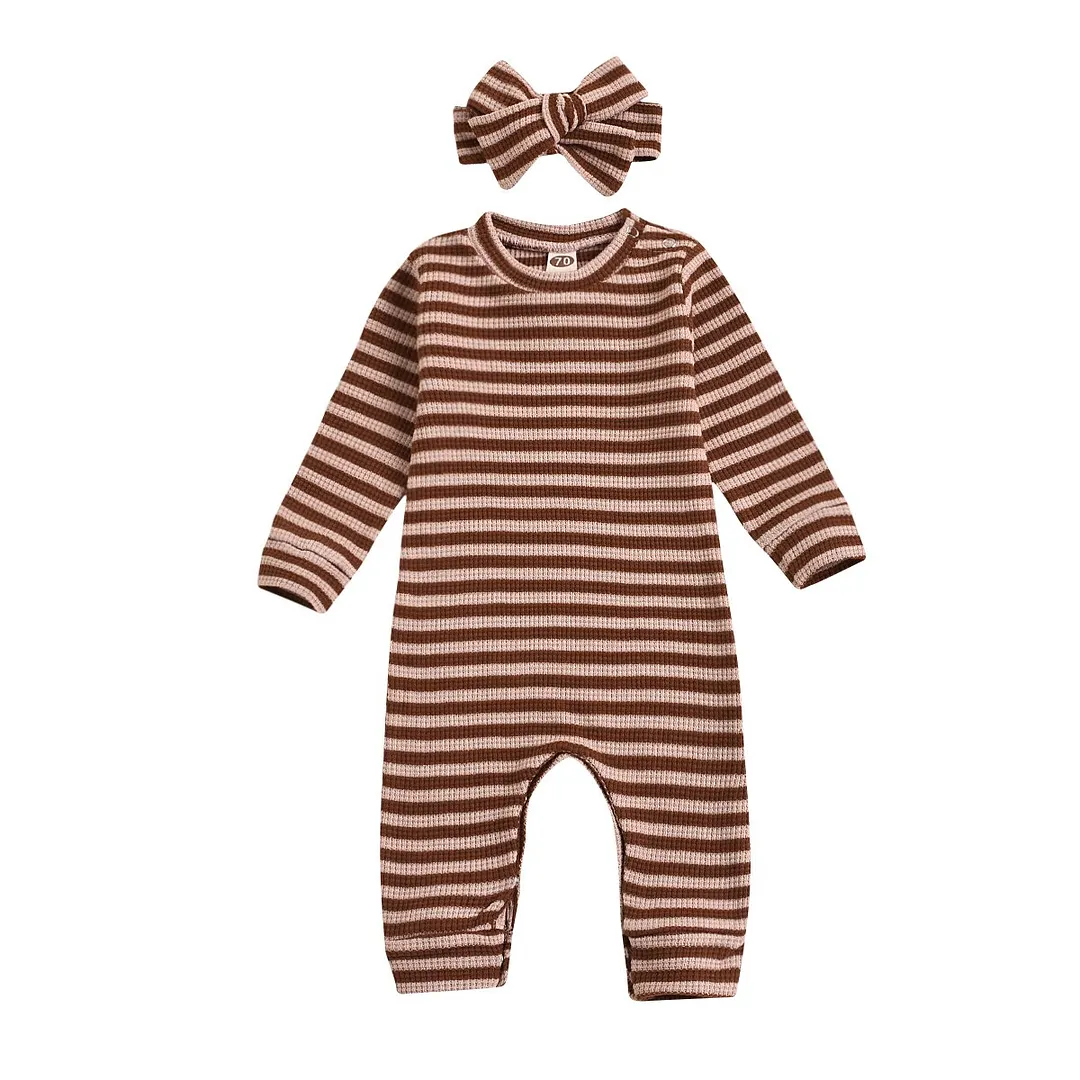 Newborn Baby Girls Long Sleeve Romper, Horizontal Stripe Printing Classic Round Neck Ribbed Closing Sping Clothing