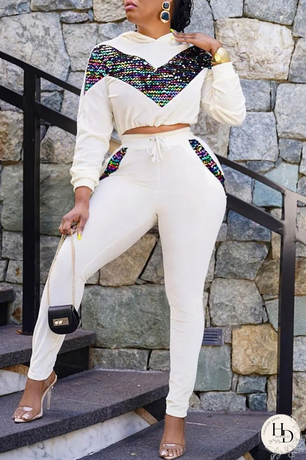 White Fashion Casual Patchwork Hollowed Out Hooded Collar Long Sleeve Two Pieces