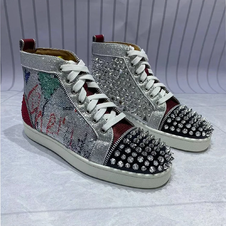 Gentleman's silver rivets red rhinestone sneakers and red bottom Shoes VOCOSI VOCOSI