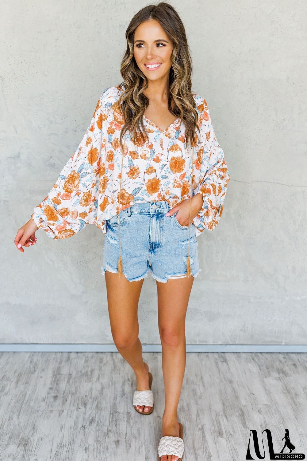 MidiSono - Split V Neck Floral Print Dolman Blouse