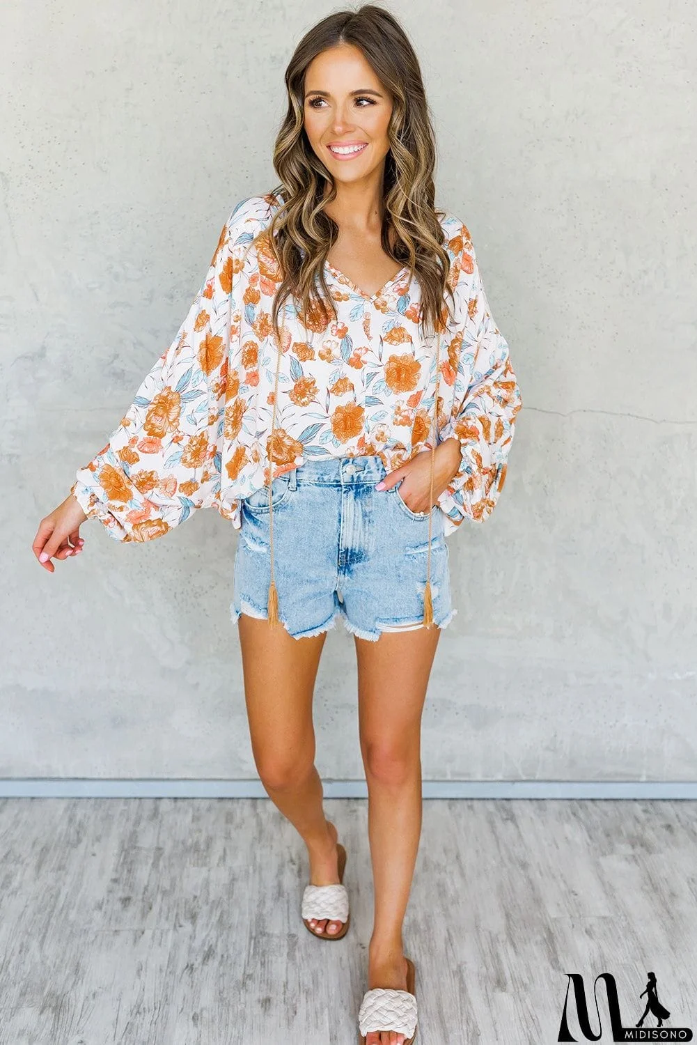 MidiSono - Split V Neck Floral Print Dolman Blouse