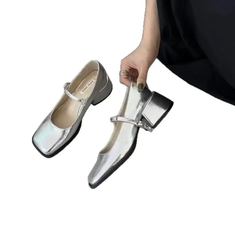 Breakj Breakj 2025 New Square Heel Mary Jane Shoes British Wind Head Black Leather Shoes Lefu Single Shoes