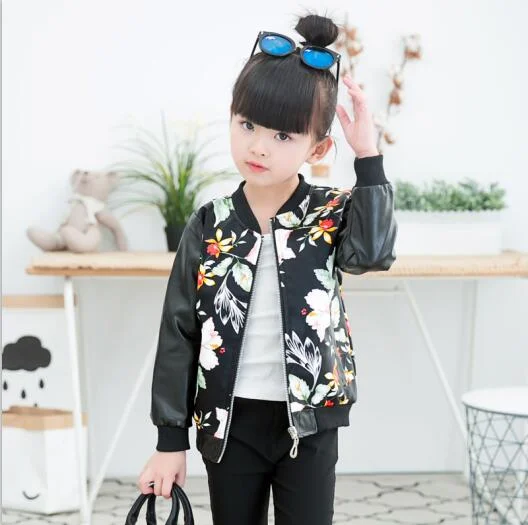 girls spring autumn jacket fashion pu Coats o-neck long sleeve printing flower Camouflage girls outwear girls clothes 3-9