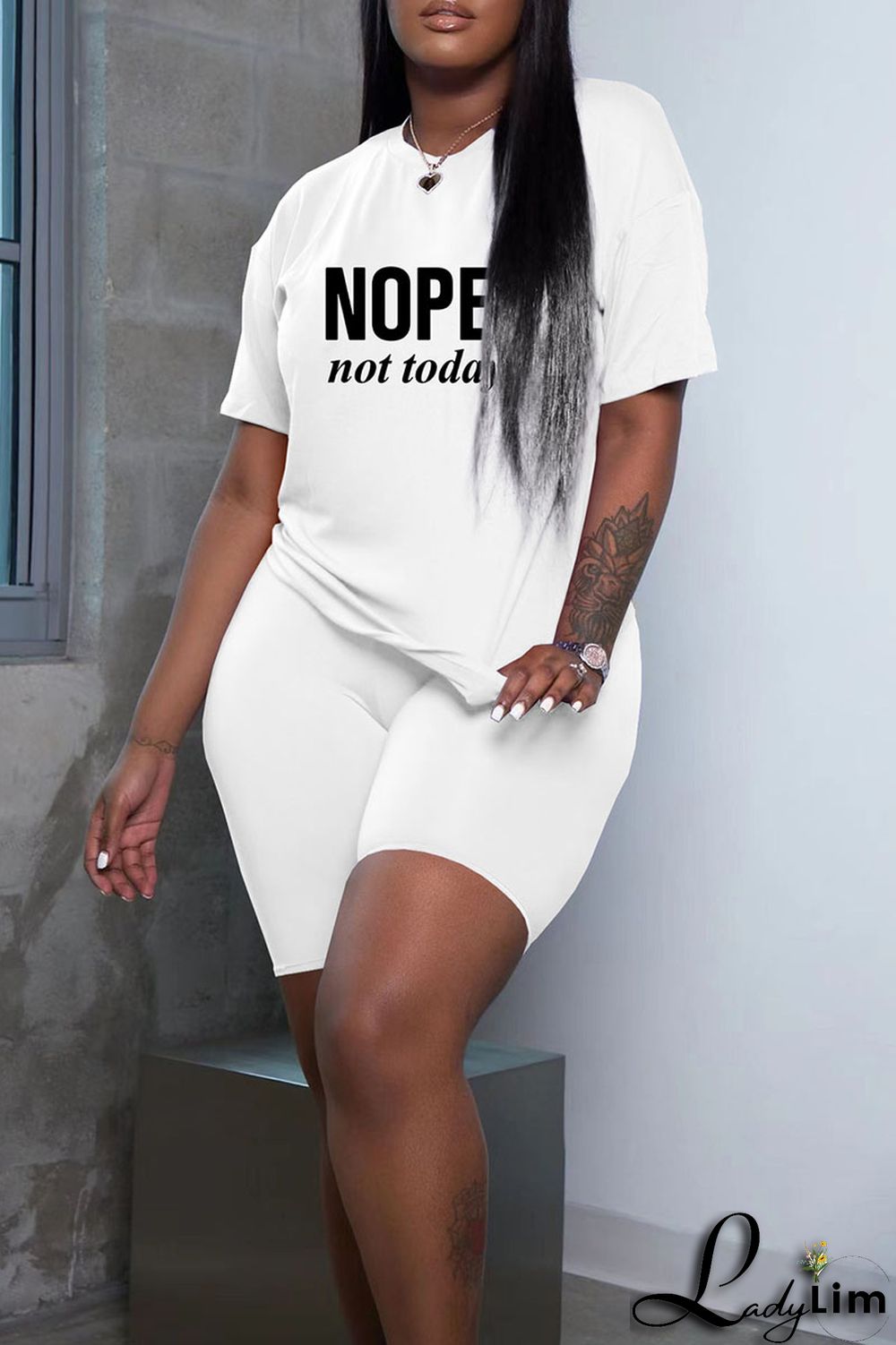 Grey Fashion Casual Letter Print Basic O Neck Short Sleeve Two Pieces