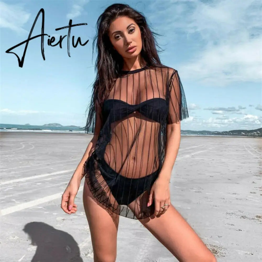 Summer Women Beach Swimsuit Cover Up Sexy Mesh Sheer Bikini Beach Cover Up Swimsuit Bathing Loose Bikini Tops swimwear New Aiertu