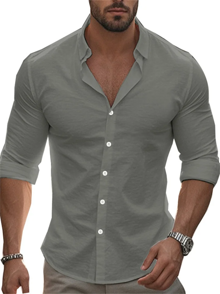  Men's New Casual Solid Color Long-sleeved Shirt Lapel Long-sleeved Beach Shirt Tops-JRSEE