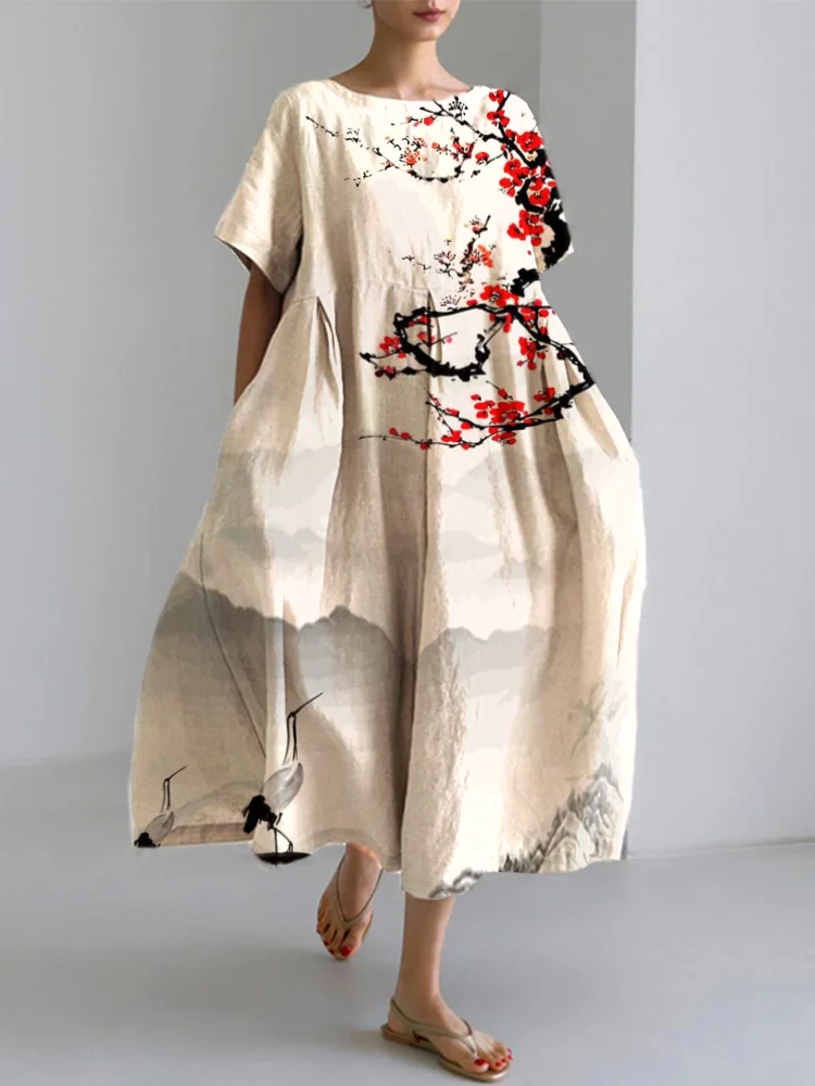 Comstylish Plum Blossom Japanese Art Linen Blend Casual Dress