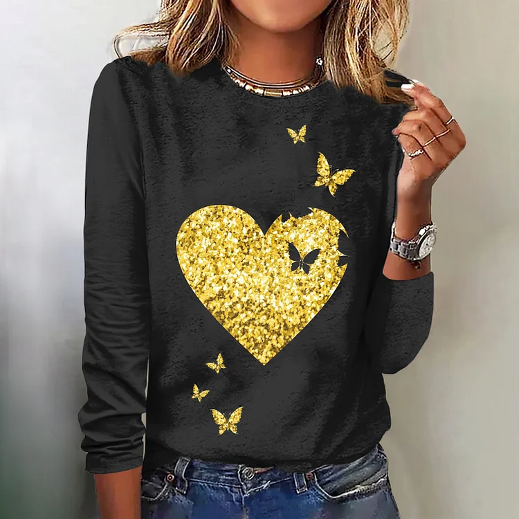Casual Glitter Heart Butterfly Print T-Shirt