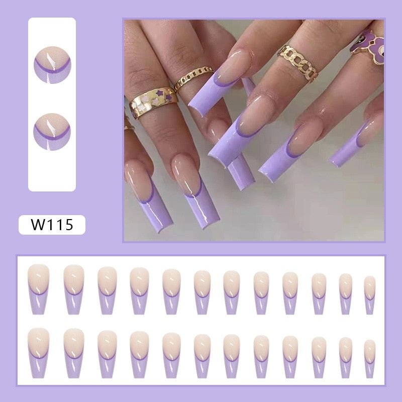 W115 Purple French Coffin Nails Set Press on XL Length