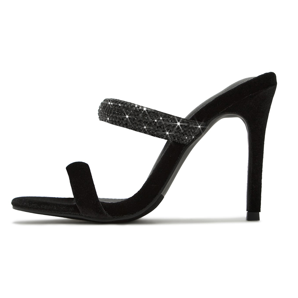 Black Velvet Open Toe 4'' Stiletto Heel Rhinestone Strappy Mules Nicepairs