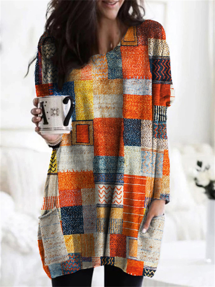 Geometric Art Pattern Long Sleeve Loose Tunic wearshes