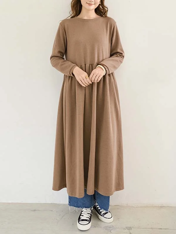 Casual Loose Long Sleeves Solid Color Round-Neck Midi Dresses