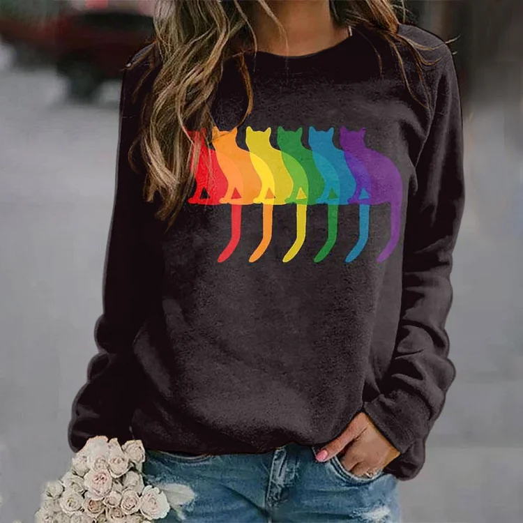 Vefave Casual Rainbow Cat Print Sweatshirt
