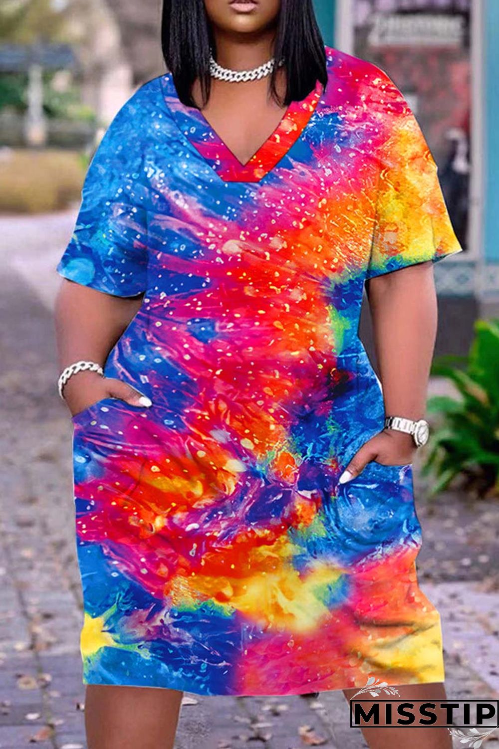 Coffee Casual Print Patchwork V Neck Short Sleeve Dress